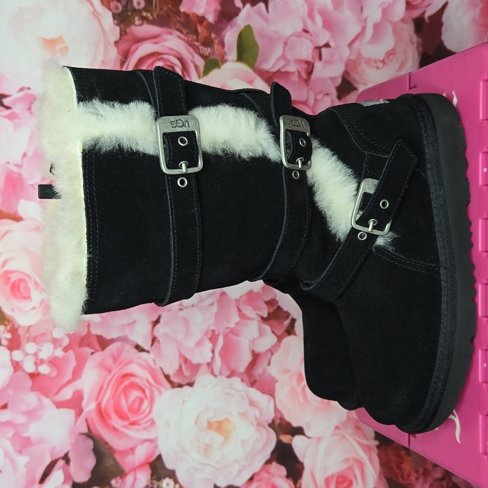 UGG Girls Maddi Black Suede Shearling Boots 100% Lambskin Size 1 NEW - Picture 2 of 8